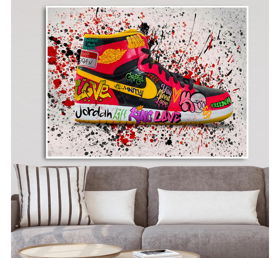 Allernieuwste.nl® Canvas Schilderij Jordan Sneaker Fashion Schoenen - Graffiti - kleur - 60 x 90 cm