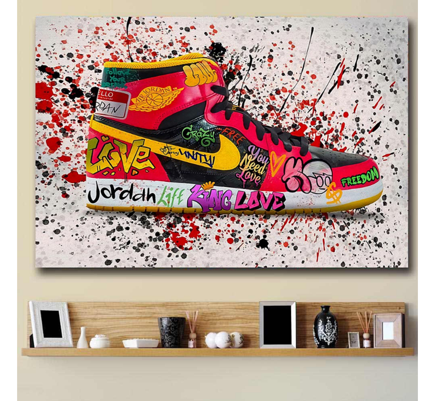 Allernieuwste.nl® Canvas Schilderij Jordan Sneaker Fashion Schoenen - Graffiti - kleur - 60 x 90 cm
