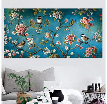 Allernieuwste.nl® Canvas Schilderij Blossom - Blauw Bloemen & Vogels - 60 x 120 cm