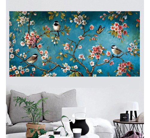 Allernieuwste.nl® Allernieuwste.nl® Canvas Schilderij Blossom - Blauw Bloemen & Vogels - Realistisch - Poster - 60 x 120 cm - Kleur