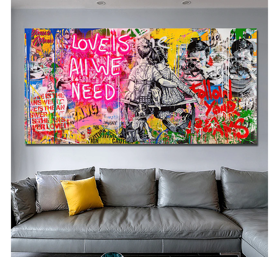 Allernieuwste.nl® Canvas Schilderij Banksy Art Liefde is alles wat we nodig hebben - Modern Street Art Graffiti PopArt - Kleur - 50 x 100 cm