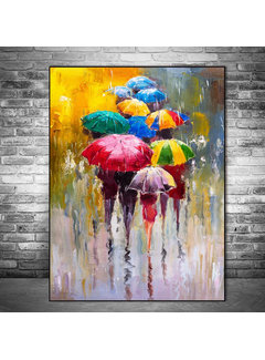 Allernieuwste.nl® Canvas Schilderij Paraplu's in de Regen - 50 x 70 cm