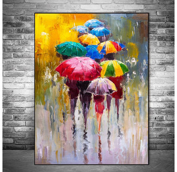 Allernieuwste.nl® Canvas Schilderij Paraplu's in de Regen - 50 x 70 cm