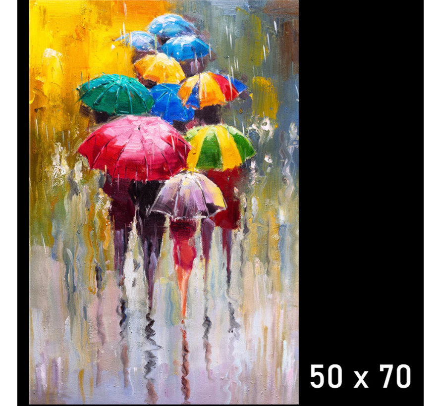 Allernieuwste.nl® Canvas Schilderij Paraplu's in de Regen Abstract - Kunst aan je Muur - Abstract Realistisch - VeelKleurig - 50 x 70 cm