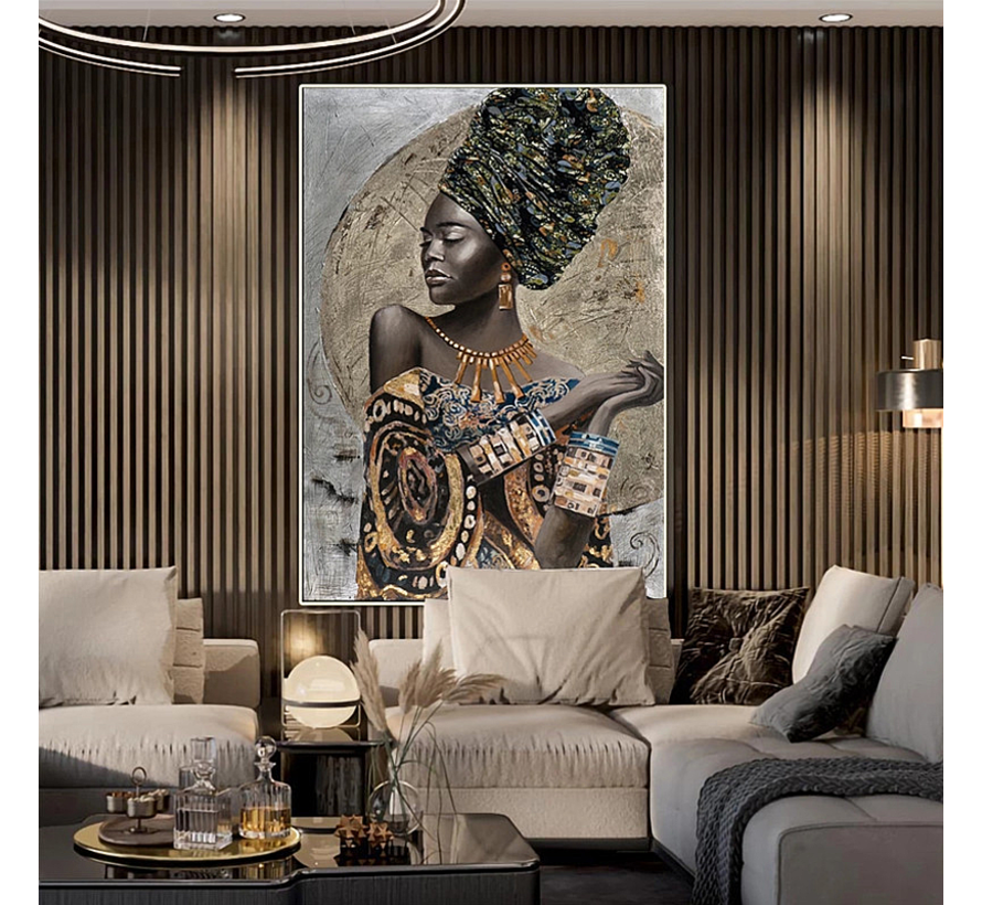 Allernieuwste.nl® Canvas Schilderij Traditionele Afrikaanse Vrouw Meisje - Modern African Art - kleur - 70 x 100 cm