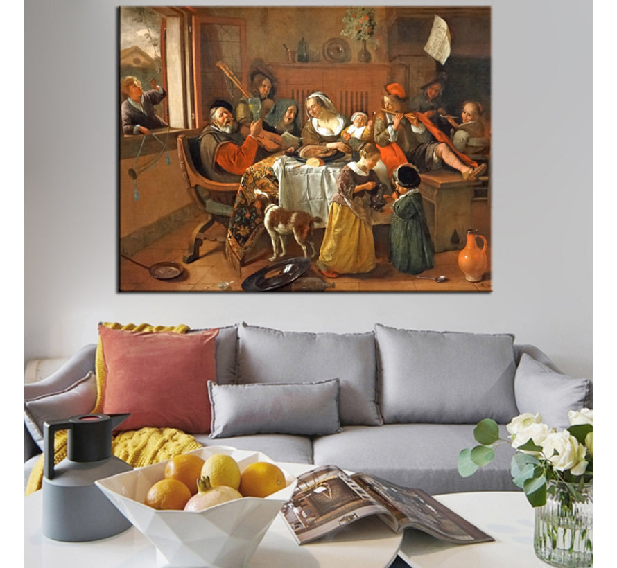 Allernieuwste.nl® Canvas Schilderij * Jan Steen Het Vrolijke Huisgezin (1668) * - Kunst aan je Muur - Oude Meester - Kleur - 70 x 90 cm