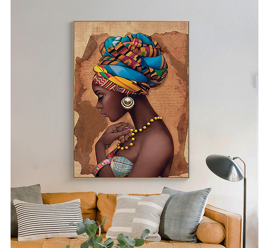 Allernieuwste.nl® Canvas Schilderij Mooie Afrikaanse Vrouw Meisje - Modern African Art - Woonkamer - Poster - 60 x 90 cm - Kleur