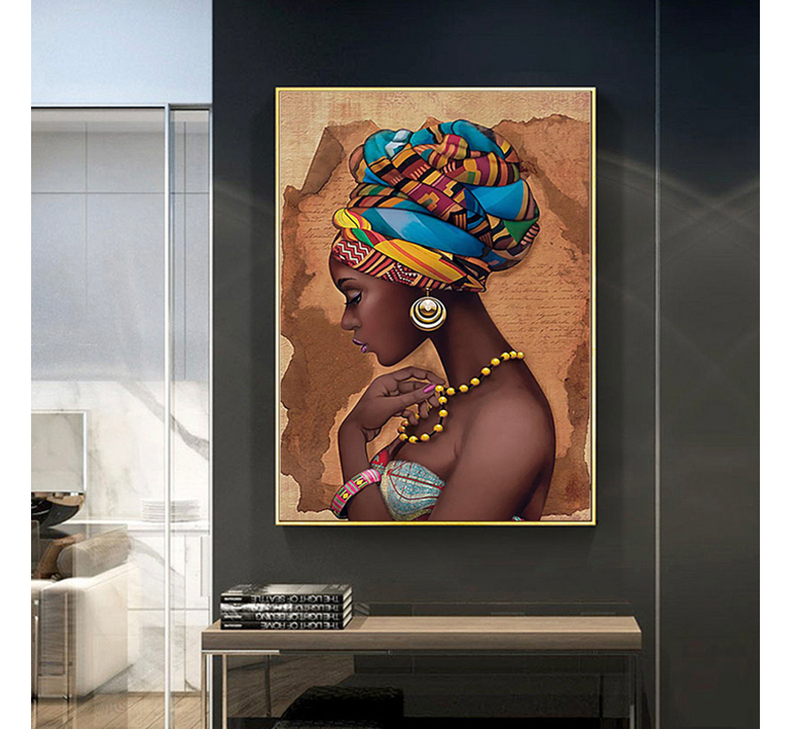 Allernieuwste.nl® Canvas Schilderij Mooie Afrikaanse Vrouw Meisje - Modern African Art - Woonkamer - Poster - 60 x 90 cm - Kleur