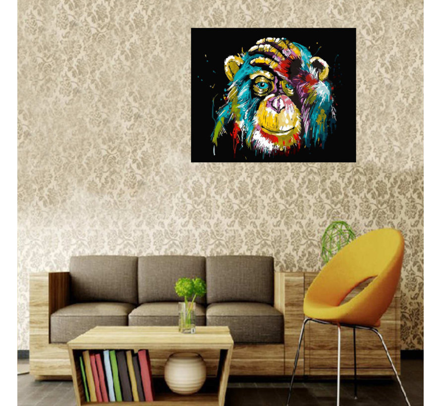 Allernieuwste.nl® Canvas Schilderij Grafitti Aap Oerang Oetang - Kunst aan je Muur - Kleur - Modern Graffiti - 50 x 60 cm