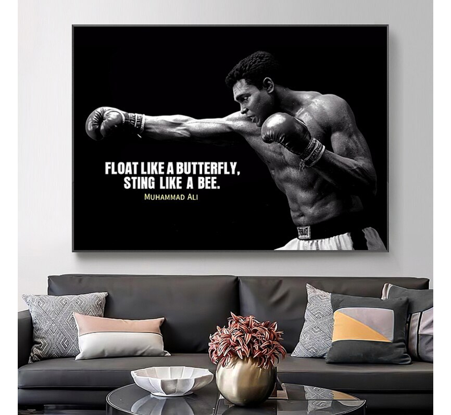 Allernieuwste.nl® Canvas Schilderij Boksen Muhammed Ali Float like a butterfly, sting like a bee -  Boks sport - Poster - 80 x 120 cm - Zwart-Wit