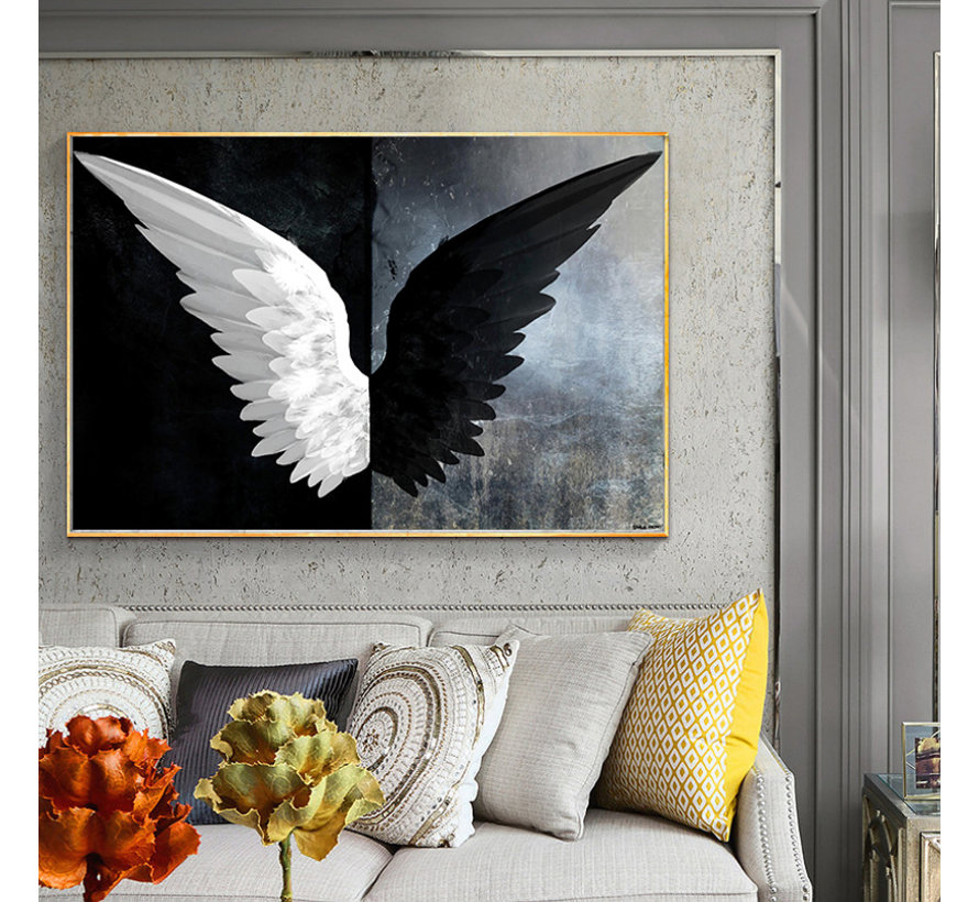 Allernieuwste.nl® Canvas Schilderij * Zwarte en Witte Engelen Vleugels * - Kunst aan je Muur - Romantisch - ZwartWit - 50 x 70 cm