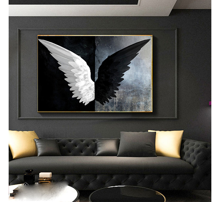 Allernieuwste.nl® Canvas Schilderij * Zwarte en Witte Engelen Vleugels * - Kunst aan je Muur - Romantisch - ZwartWit - 50 x 70 cm