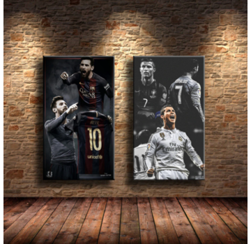 Allernieuwste.nl® 2-Delig Canvas Schilderij Voetbalsterren Ronaldo en Messie - 50 x 70 cm