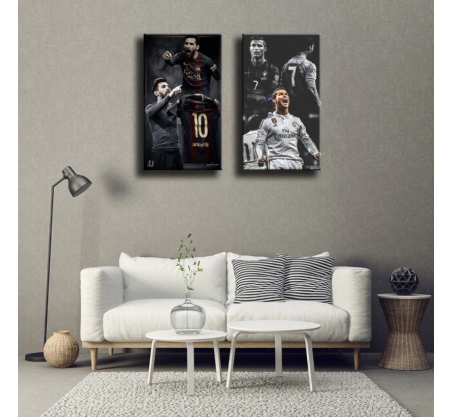 Allernieuwste.nl® 2-Delig Canvas Schilderij Voetbalsterren Ronaldo en Messie - Soccer - Poster - Set 2st 50 x 70 cm - Kleur