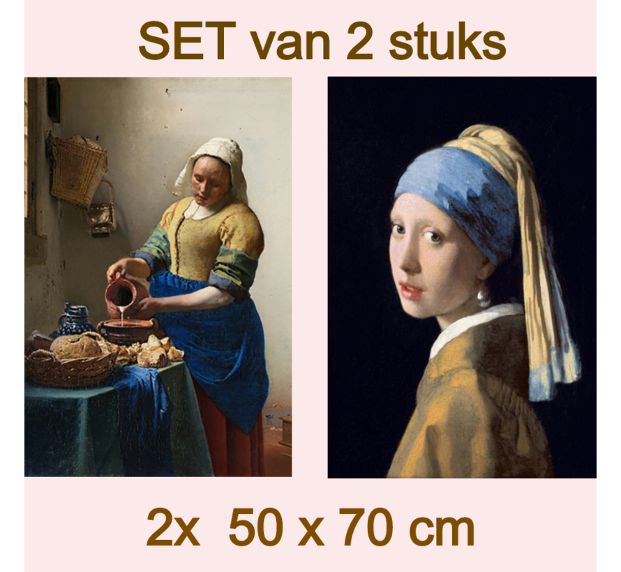Allernieuwste.nl® Set Canvas Johannes Vermeer Meisje met de Parel en het Melkmeisje - 2st 50x70cm - Kleur