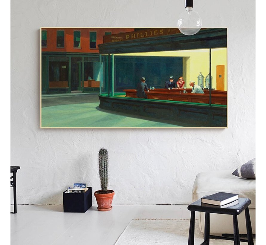 Allernieuwste.nl® Canvas Schilderij Edward Hopper - Nighthawks - Kunst - Poster - Reproductie - 60 x 120 cm - Kleur