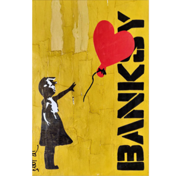 Allernieuwste.nl® Canvas Schilderij Banksy Grafitti Girl with Balloon Yellow - 50 x 70 cm