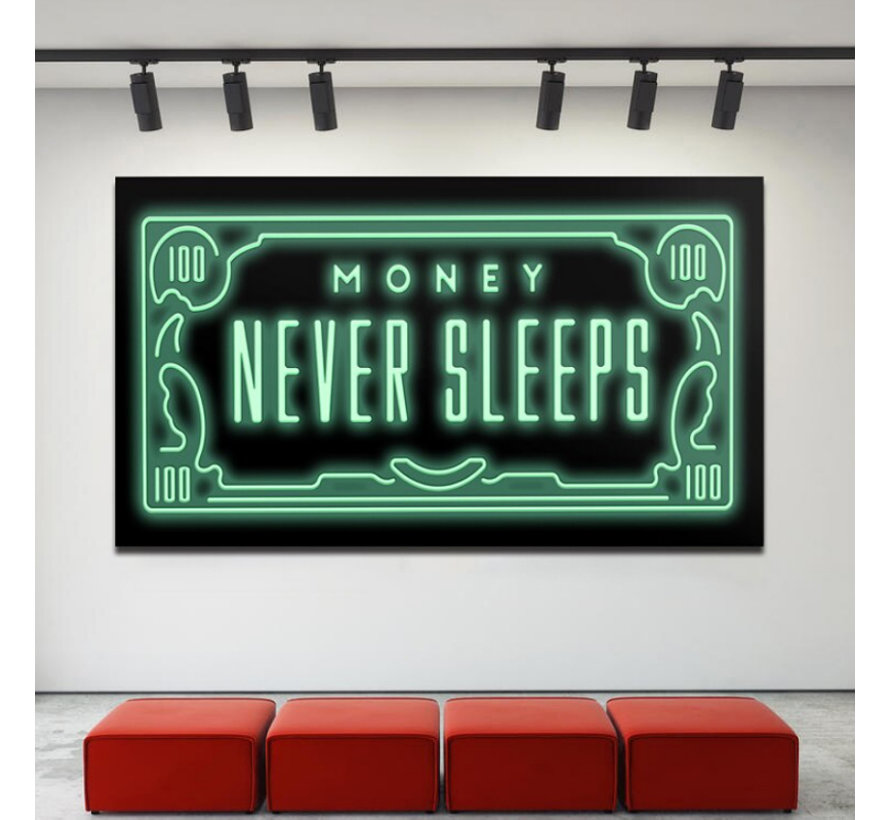 Allernieuwste.nl® Canvas Schilderij * MONEY Never Sleeps * - Moderne Kunst aan je Muur - Kleur Groen Zwart - 50 x 100 cm