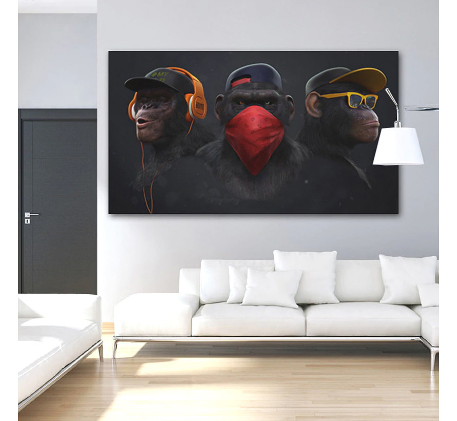 Allernieuwste.nl® Canvas Schilderij 3 Apen: Horen-Zien-Zwijgen GangsterArt - Modern Graffiti - Dieren - Poster - 60 x 120 cm Kleur