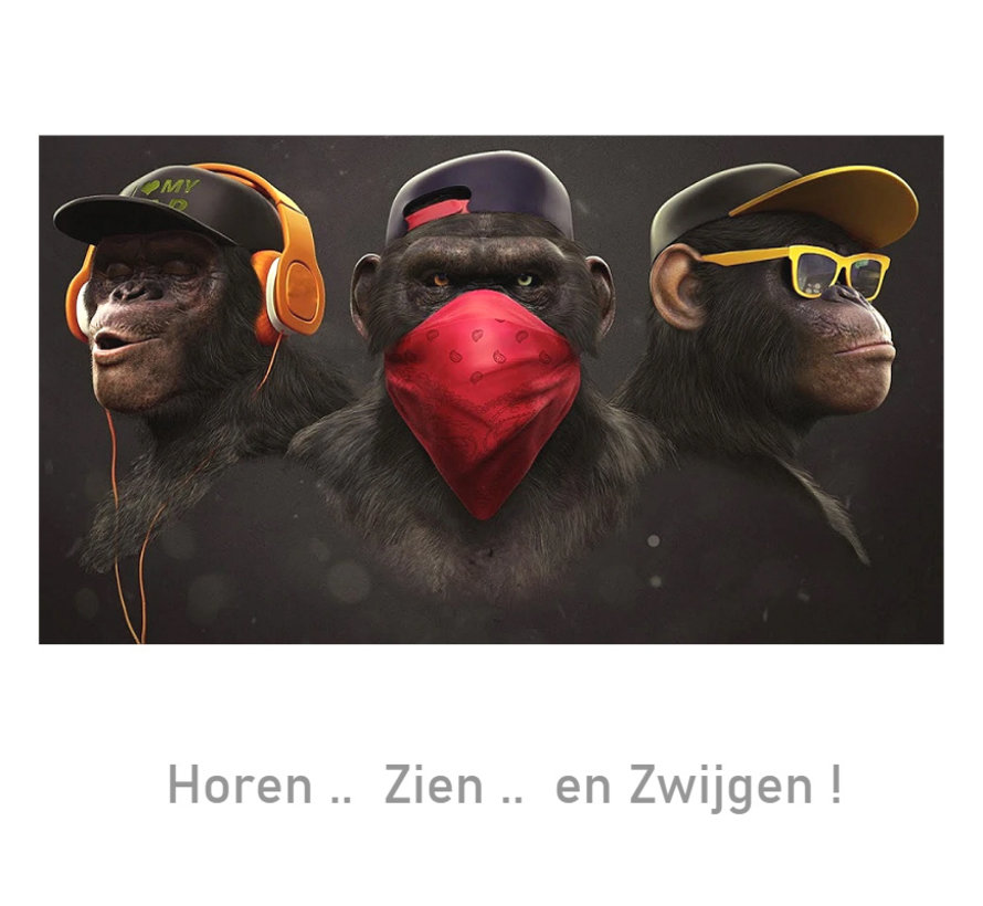 Allernieuwste.nl® Canvas Schilderij 3 Apen: Horen-Zien-Zwijgen GangsterArt - Modern Graffiti - Dieren - Poster - 60 x 120 cm Kleur