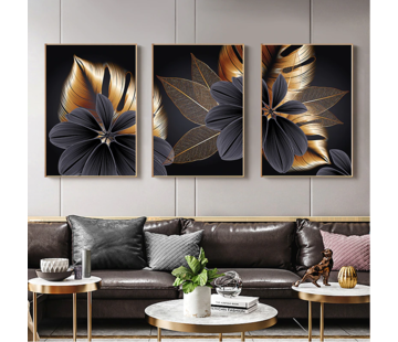 Allernieuwste.nl® Canvas Schilderij Abstracte Zwarte Gouden Plant - 3-delig 30x40cm