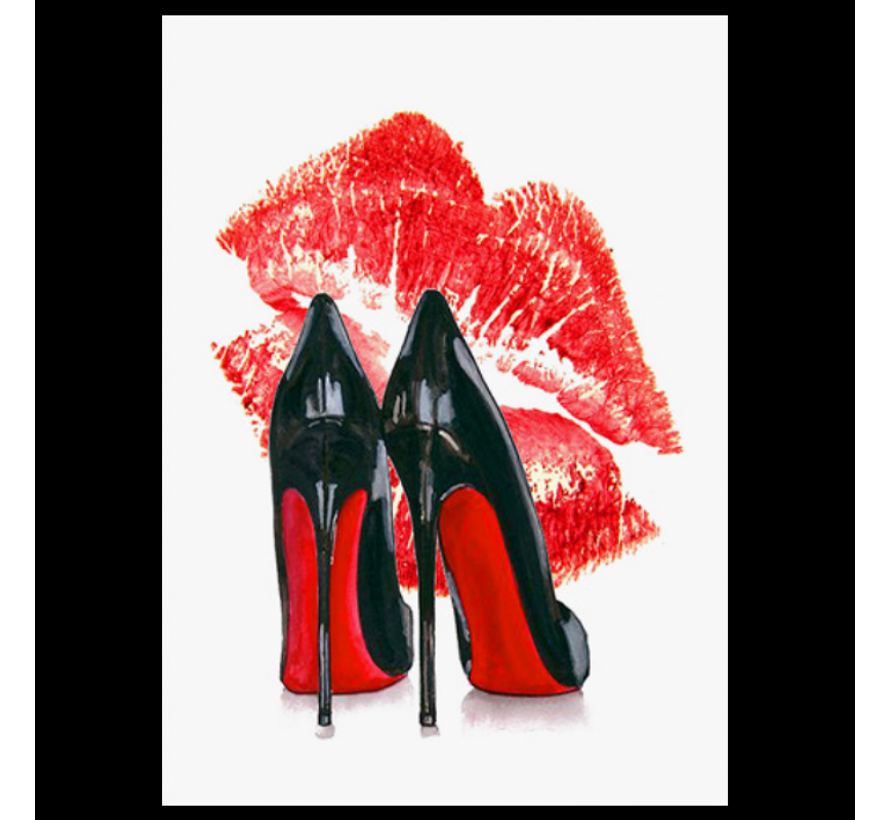 Allernieuwste.nl® Canvas Schilderij * Louboutin Schoenen en Rode Lippen * - Kunst poster - Kleur Rood - 40 x 60 cm