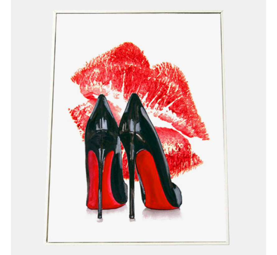 Allernieuwste.nl® Canvas Schilderij * Louboutin Schoenen en Rode Lippen * - Kunst poster - Kleur Rood - 40 x 60 cm