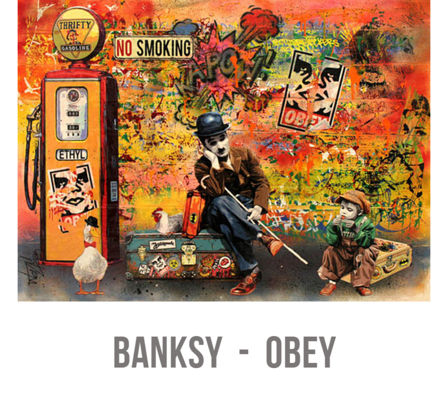 Allernieuwste.nl® Canvas Schilderij Banksy Charlie Chaplin Obey - Modern Street Art Graffiti PopArt - Kleur - 60 x 80 cm