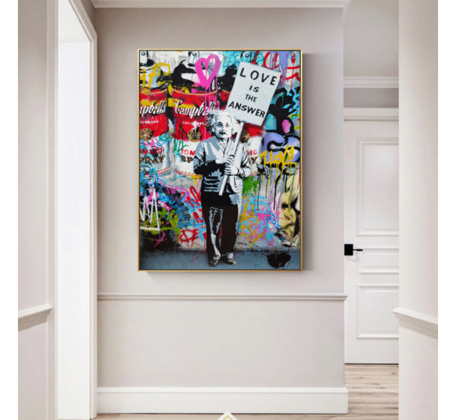 Allernieuwste.nl® Canvas Schilderij Einstein: Love Is The Answer - Kunst aan je Muur - Pop Art Grafitti - VeelKleurig - 60 x 90 cm