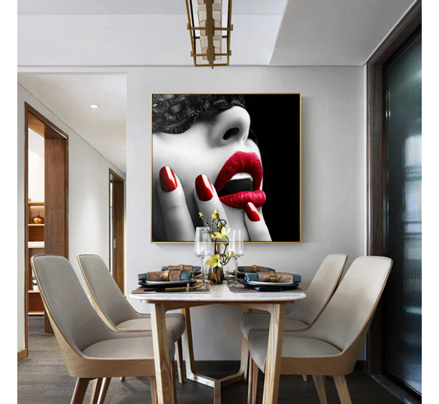 Allernieuwste.nl® Canvas Schilderij * Vrouw met Rode Lippen en Nagels*  - Moderne Kunst aan je Muur - Kleur - 70 x 70 cm