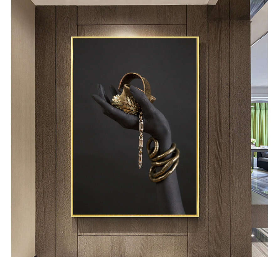 Allernieuwste.nl® Canvas Schilderij * Zwarte Arm met Gouden Sieraden * - Kunst aan je Muur - Romantisch - zwart wit goud - 40 x 80 cm