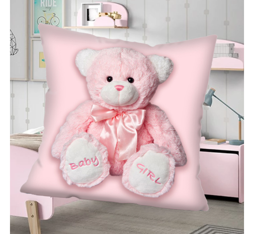 Allernieuwste.nl® Kussen Beertje Baby Girl - Kussenhoes Kinderkamer polyester peach skin Perzikhuid Beer - Kussenovertrek - Kleur Rose 45 x 45 cm