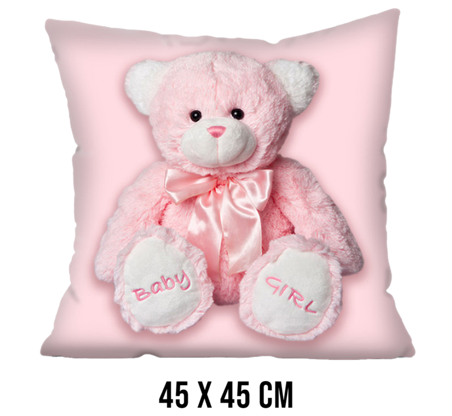 Allernieuwste.nl® Kussen Beertje Baby Girl - Kussenhoes Kinderkamer polyester peach skin Perzikhuid Beer - Kussenovertrek - Kleur Rose 45 x 45 cm