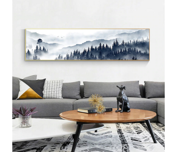 Allernieuwste.nl® Canvas Schilderij XL Mistig Berg Landschap - 40 x 160 cm