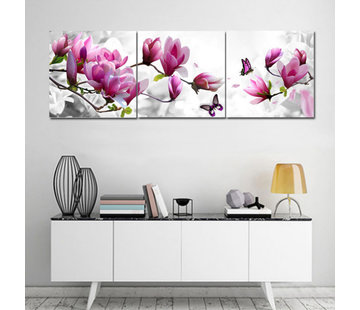 Allernieuwste.nl® Canvas Schilderij SET van 3 st Magnolia Bloemen met Vlinders 40 x 40 cm