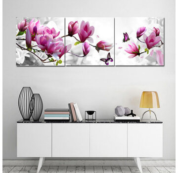 Allernieuwste.nl® Canvas Schilderij SET van 3 st Magnolia Bloemen met Vlinders 40 x 40 cm