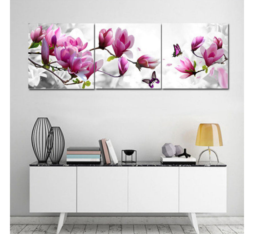 Samenwerken met eiwit dempen Canvas Schilderij SET van 3 st Magnolia Bloemen met Vlinders 40 x 40cm -  Allernieuwste.nl