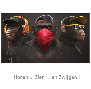 Allernieuwste.nl® Canvas Schilderij 3 Apen: Horen-Zien-Zwijgen GangsterArt - 40 x 80 cm