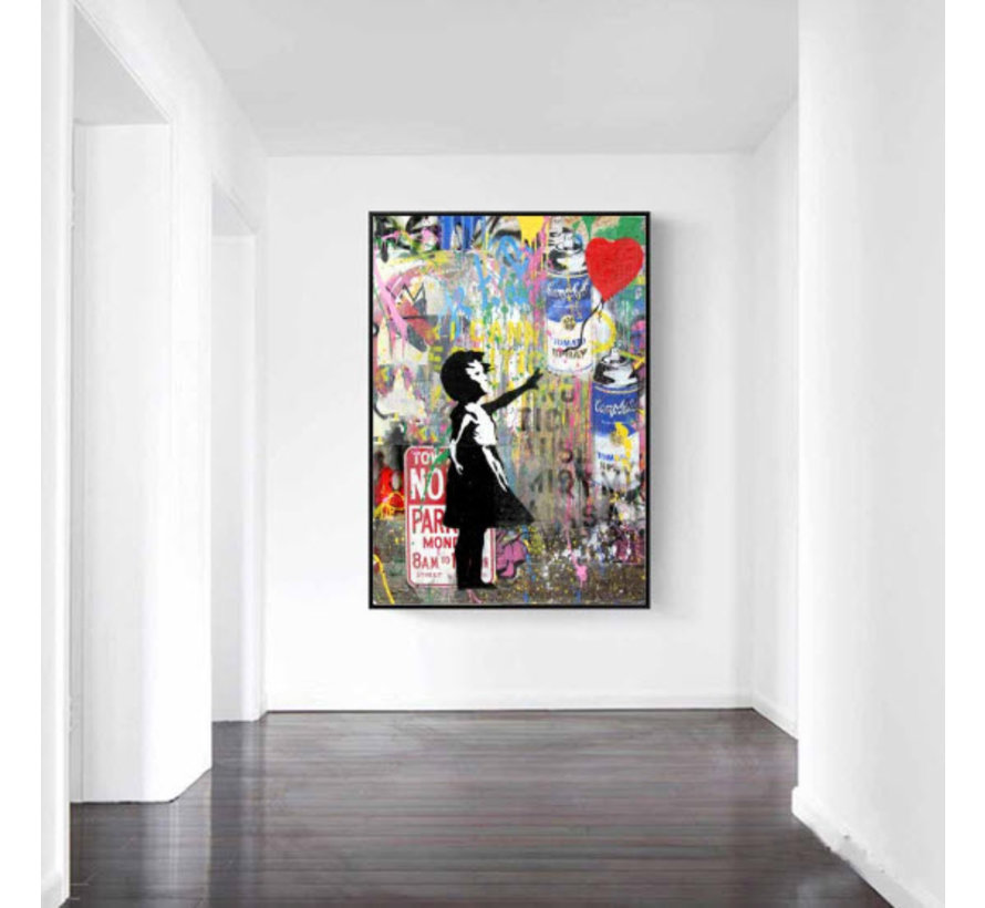 Allernieuwste.nl® Canvas Schilderij Banksy Girl with Balloon Graffiti 2 - Poster - Meisje - Reproductie - 50 x 70 cm- Kleur