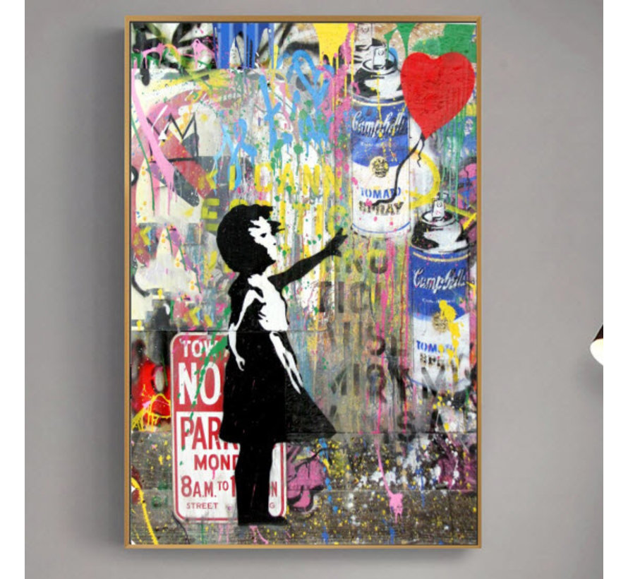 Allernieuwste.nl® Canvas Schilderij Banksy Girl with Balloon Graffiti 2 - Poster - Meisje - Reproductie - 50 x 70 cm- Kleur