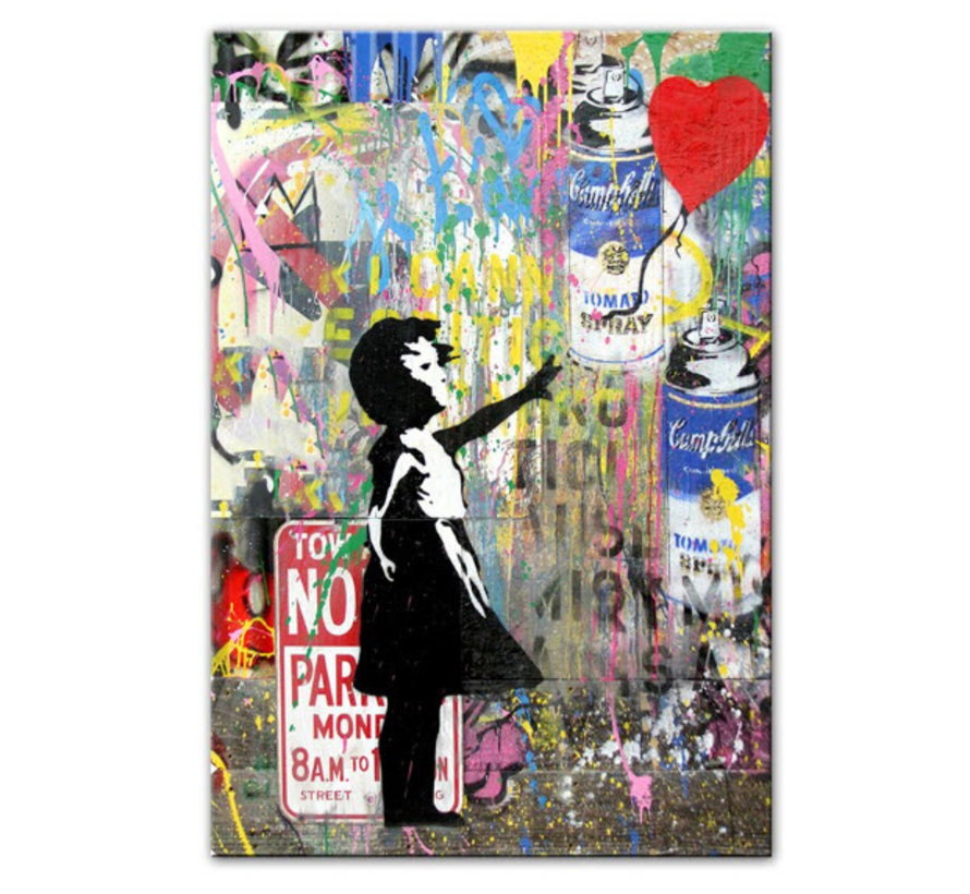 Allernieuwste.nl® Canvas Schilderij Banksy Girl with Balloon Graffiti 2 - Poster - Meisje - Reproductie - 50 x 70 cm- Kleur