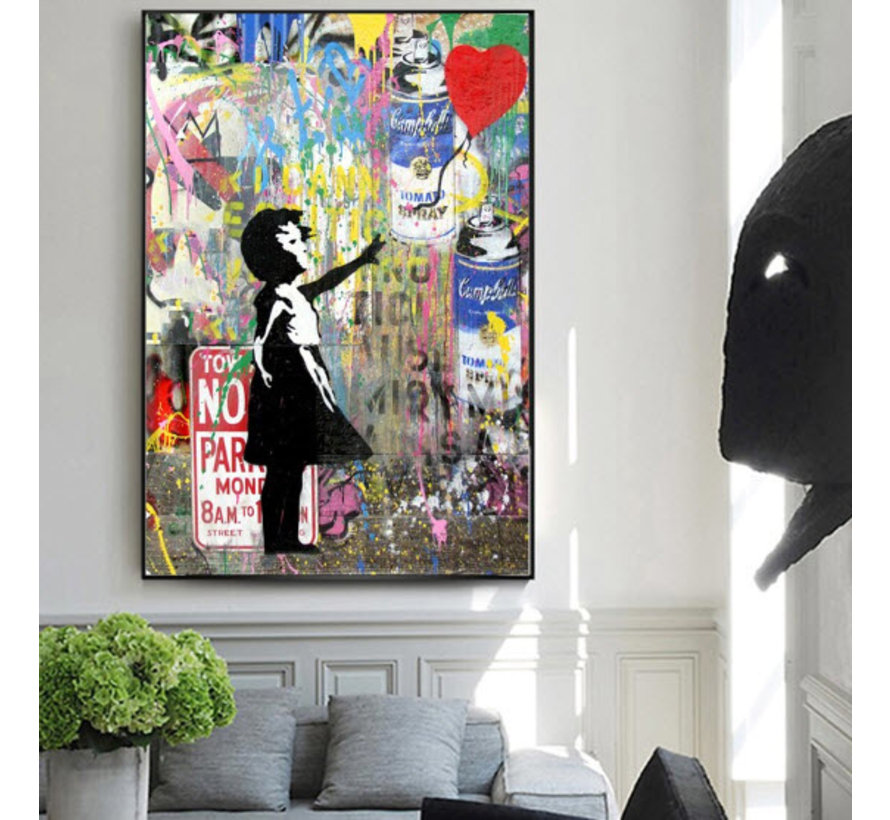 Allernieuwste.nl® Canvas Schilderij Banksy Girl with Balloon Graffiti 2 - Poster - Meisje - Reproductie - 50 x 70 cm- Kleur