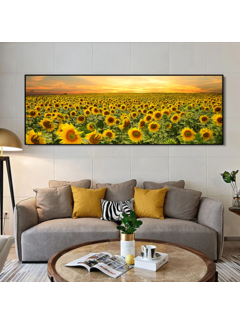 Allernieuwste.nl® Canvas Schilderij Zonnebloemen Veld Landschap - 50 x 150 cm