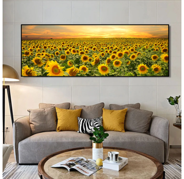 Allernieuwste.nl® Canvas Schilderij Zonnebloemen Veld Landschap - 50 x 150 cm