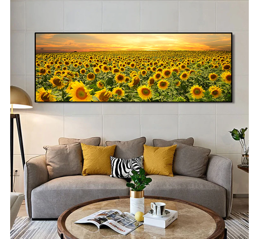 Allernieuwste.nl® Canvas Schilderij Zonnebloemen Veld Landschap - Woonkamer - Poster - 50 x 150 cm - Kleur