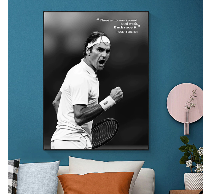 Allernieuwste.nl® Canvas Schilderij Tennis Speler Roger Federer - Sport Tennis Kampioen - Zwartwit - 50 x 70 cm