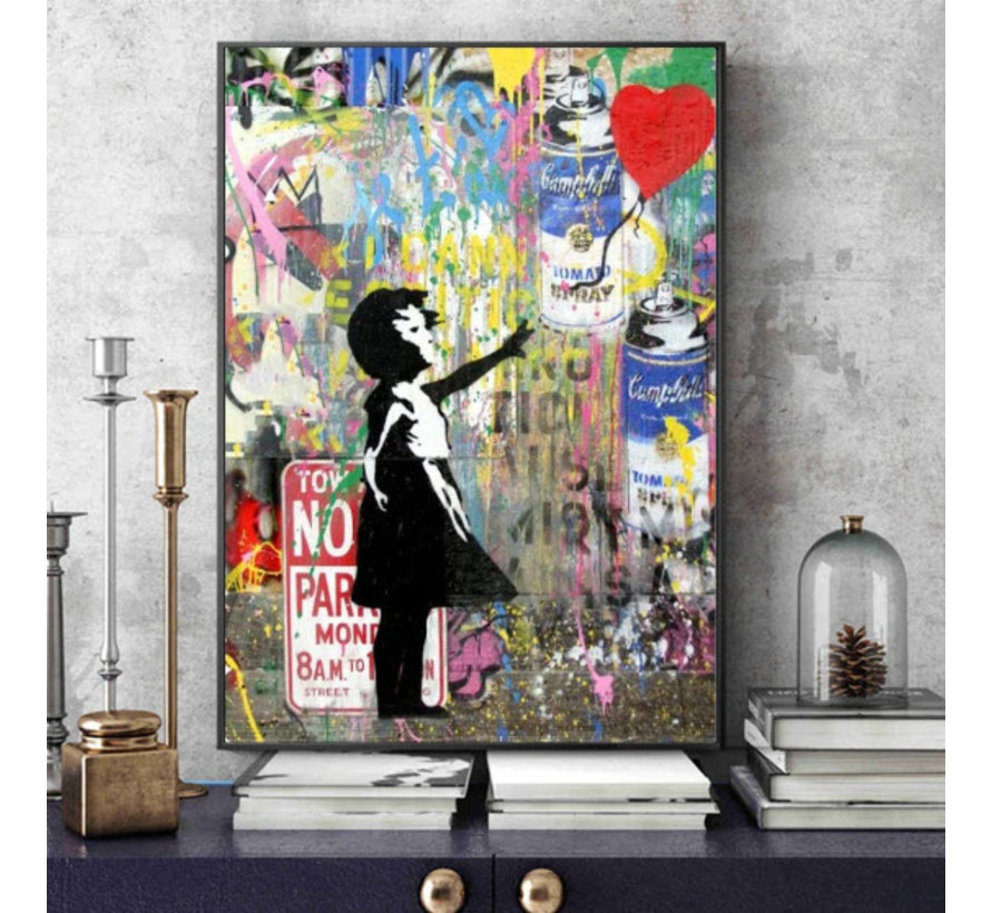 Allernieuwste.nl® Canvas Schilderij Banksy Girl with Balloon Graffiti 2 - Meisje - Poster - Reproductie - 60 x 90 cm - Kleur