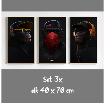 Allernieuwste.nl® Canvas Schilderij Set 3 Apen Horen-Zien-Zwijgen GangsterArt -  40 x 70 cm