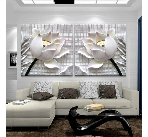 Allernieuwste.nl® Allernieuwste.nl® SET van 2 st. Canvas Schilderij * 3D Witte Lotus Bloemen * - Kunst aan je Muur - 3-dimensionaal - Kleur-Wit - SET 60 x 60 cm