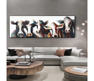 Allernieuwste.nl® Canvas Schilderij XL 5 Kleurige Koeien - 50 x 150 cm